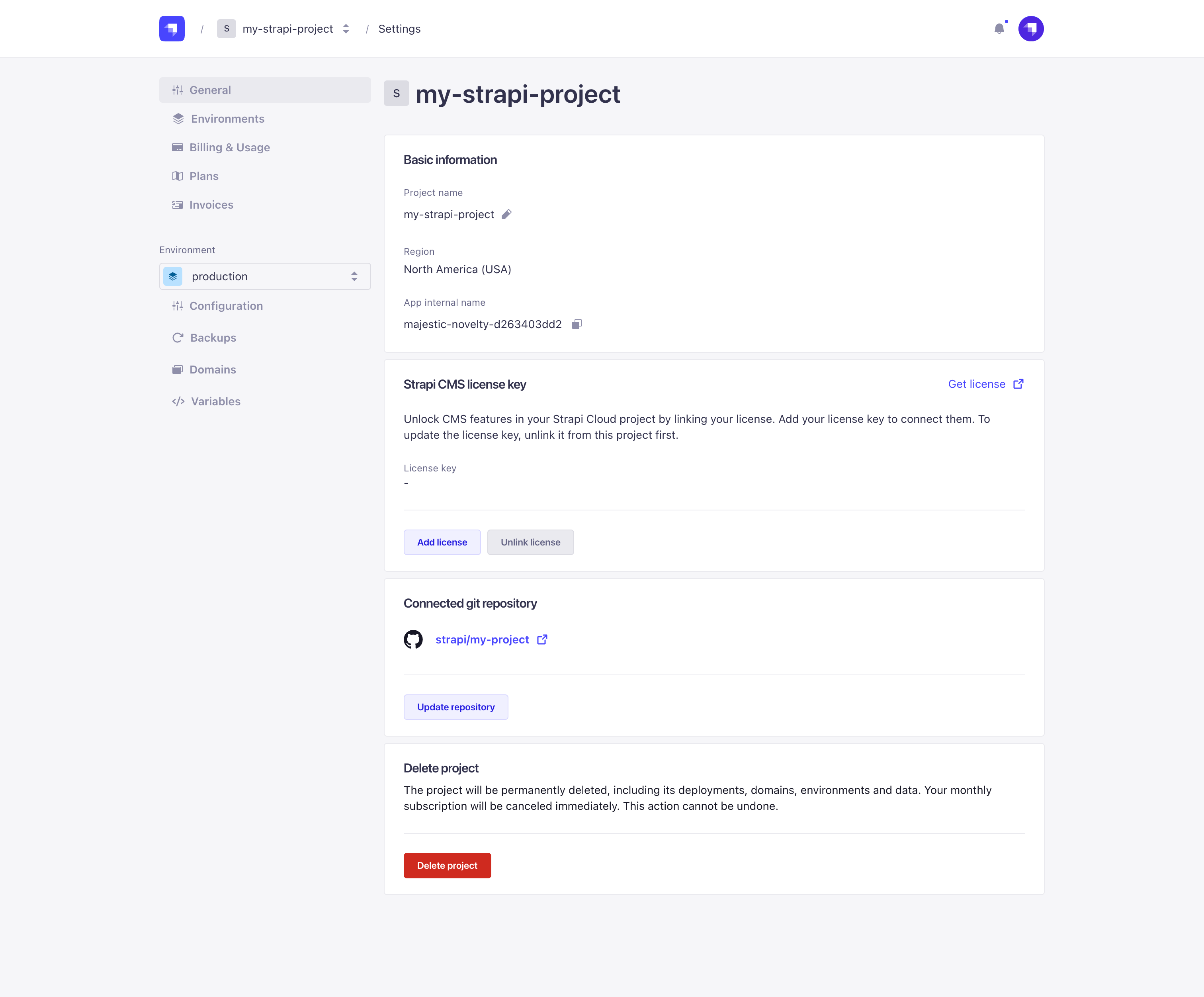 Project settings page